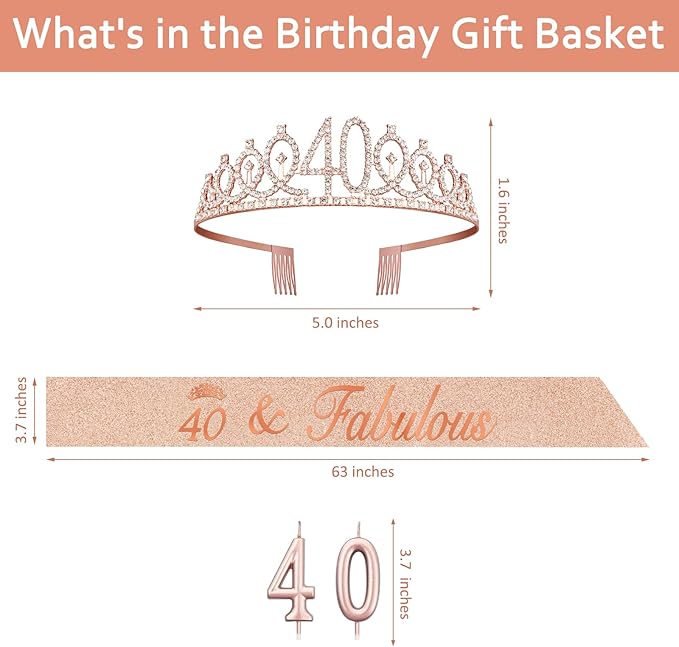 40th Birthday Decoration for Women with Rose Gold Sash, Tiara,Numbers Candles, Sincere 40th Birthday Gifts for Women