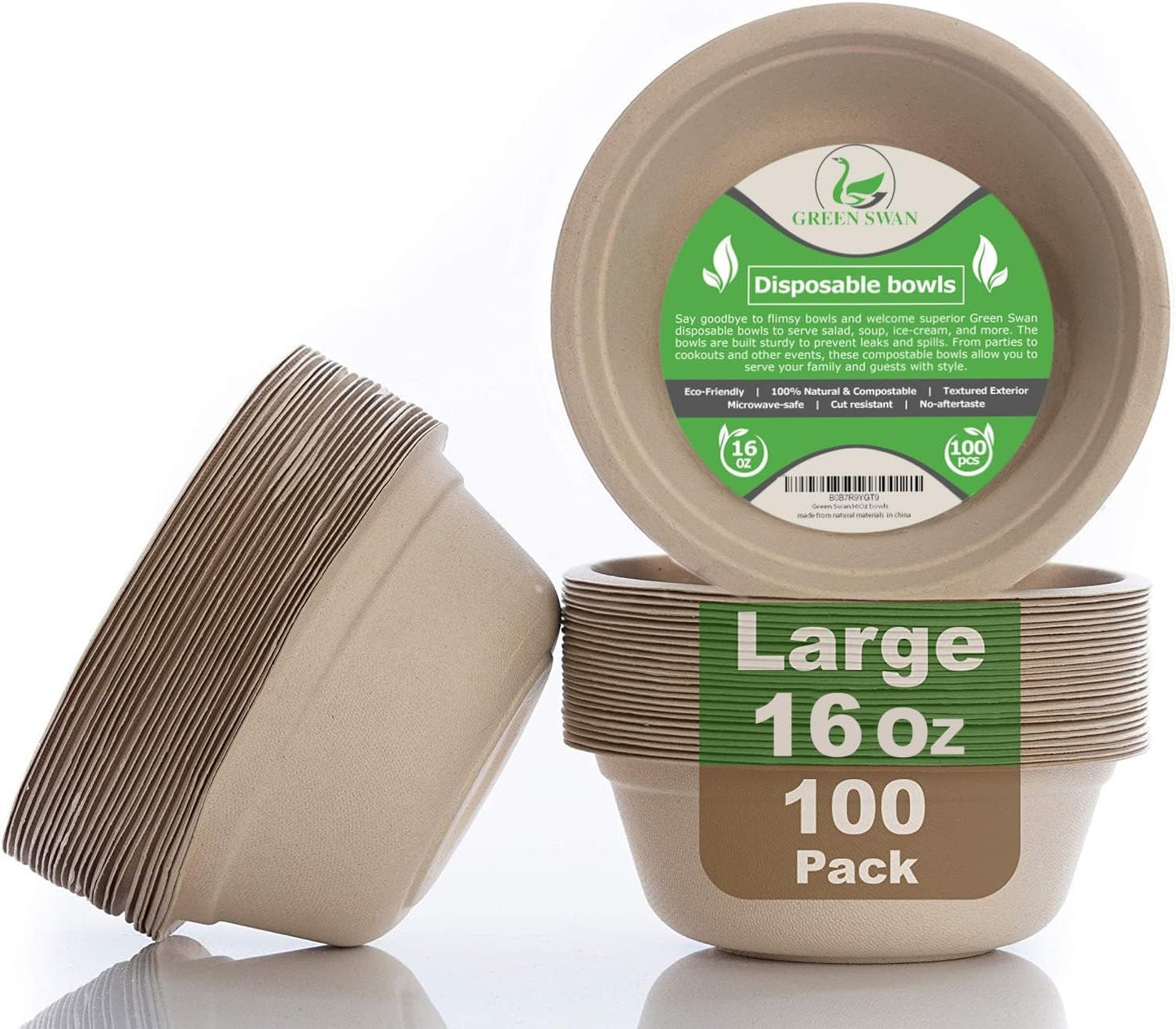 Green Swan Disposable Paper Bowls, 16 Oz [100 Pack] Large Bowl-100% Compostable, Biodegradable, Eco-Friendly Natural Colour Bowls - Convenient for Daily Use for Salad, Hot Soup, and Pasta