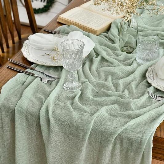 Artoid Mode Boho Sage Green Gauze 6 Pieces Wedding Table Runner, 120 Inch Seasonal Fabric Kitchen Dining Holiday Table Decor for Home Party Indoor