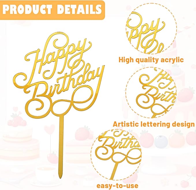 6Styles Gold Happy Birthday Cake Topper, Mirror Acrylic Happy Birthday Sign for Cake Side Decoration Plaque, Glitter Gold Happy Birthday Sign Cake Topper Set for Cake Party Decorating Supplies
