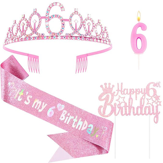 6th Birthday Party Decorations Set for Girls- Pink Crown, Glitter Sash, Number 6 Candle & Cake Topper Kit for Birthday Celebrations Party Supplies Gift