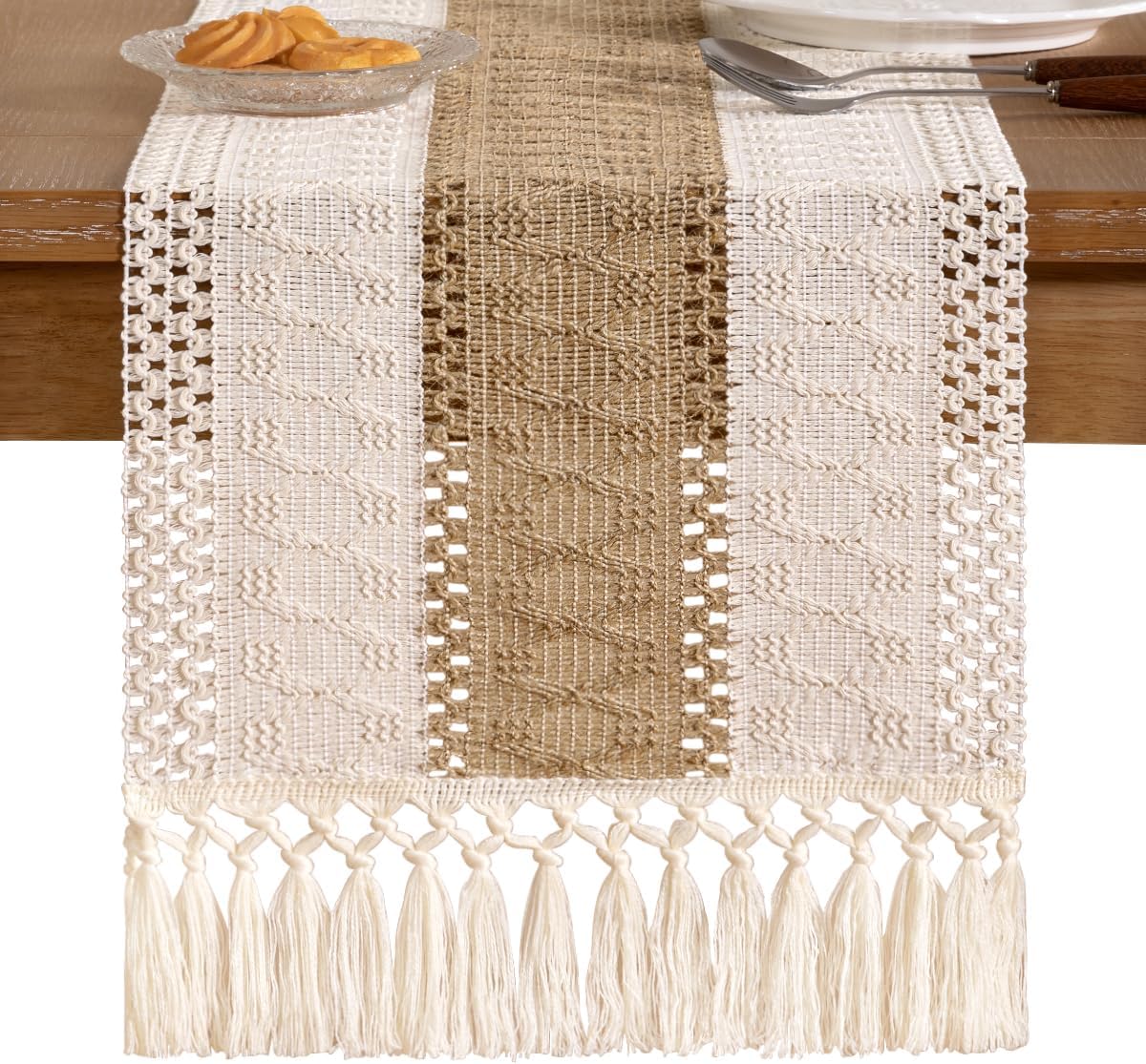 Socomi Boho Table Runner Fall Thanksgiving Farmhouse Rustic Dining Kitchen Centerpiece Decor Small Macrame Woven Cotton Linen Coffee Table Runner for Dresser Scarf Home Decor 12x108 inch