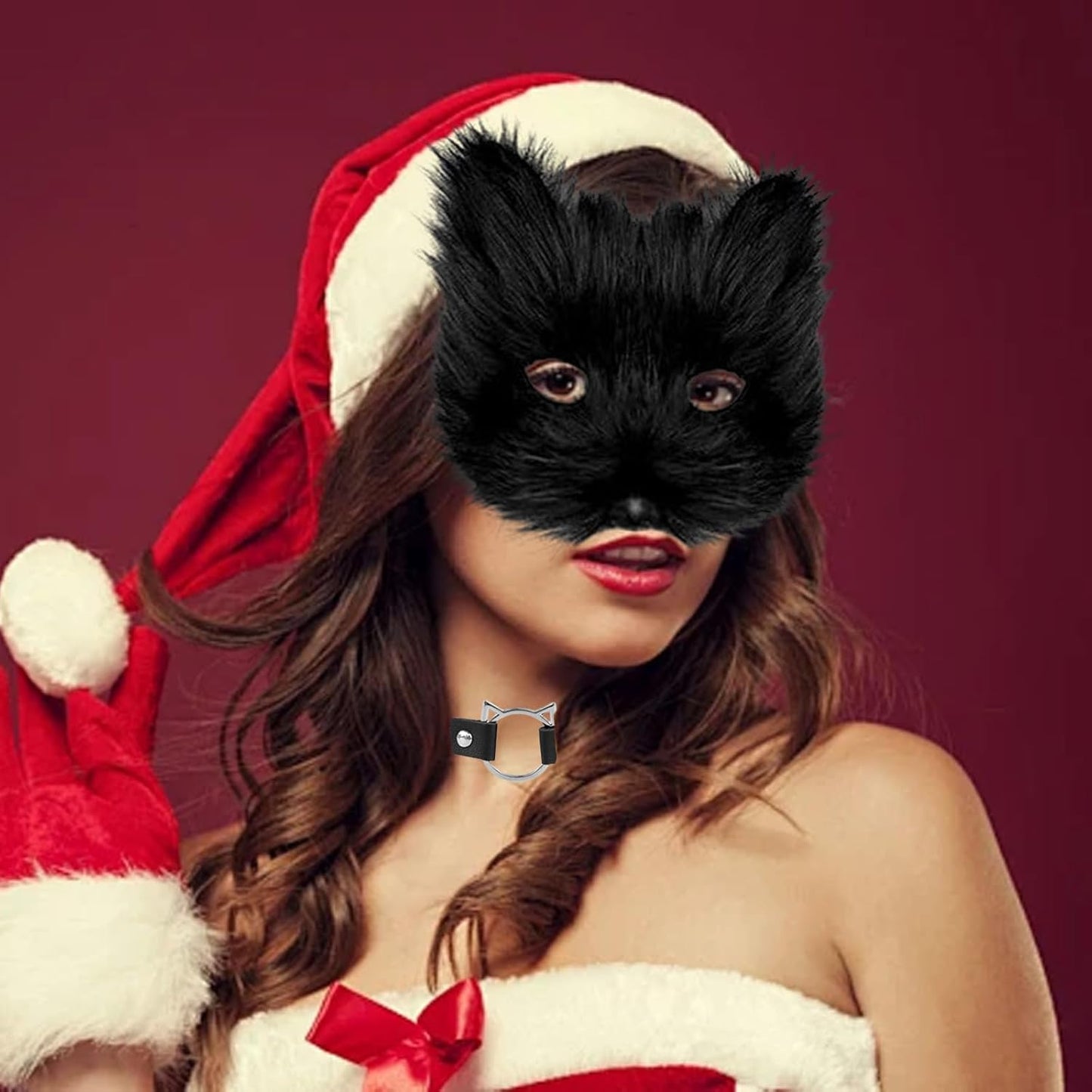 3 Pcs Furry Cat Mask Set, Faux Fur Fox Mask and Tail Set, Halloween Party Cosplay Costume Accessory,Wolf Masks and Leather Necklace for Halloween Parties, Themed Role-playing Parties (black)