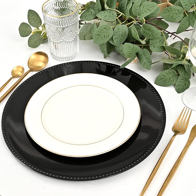 50 Pcs Black Charger Plates Bulk, 13" Round Beaded Plate Chargers for Dinner Plates, Decorative Dinner Chargers Plastic Table Chargers for Wedding Holiday Party Baby Shower Event Decoration (Black)
