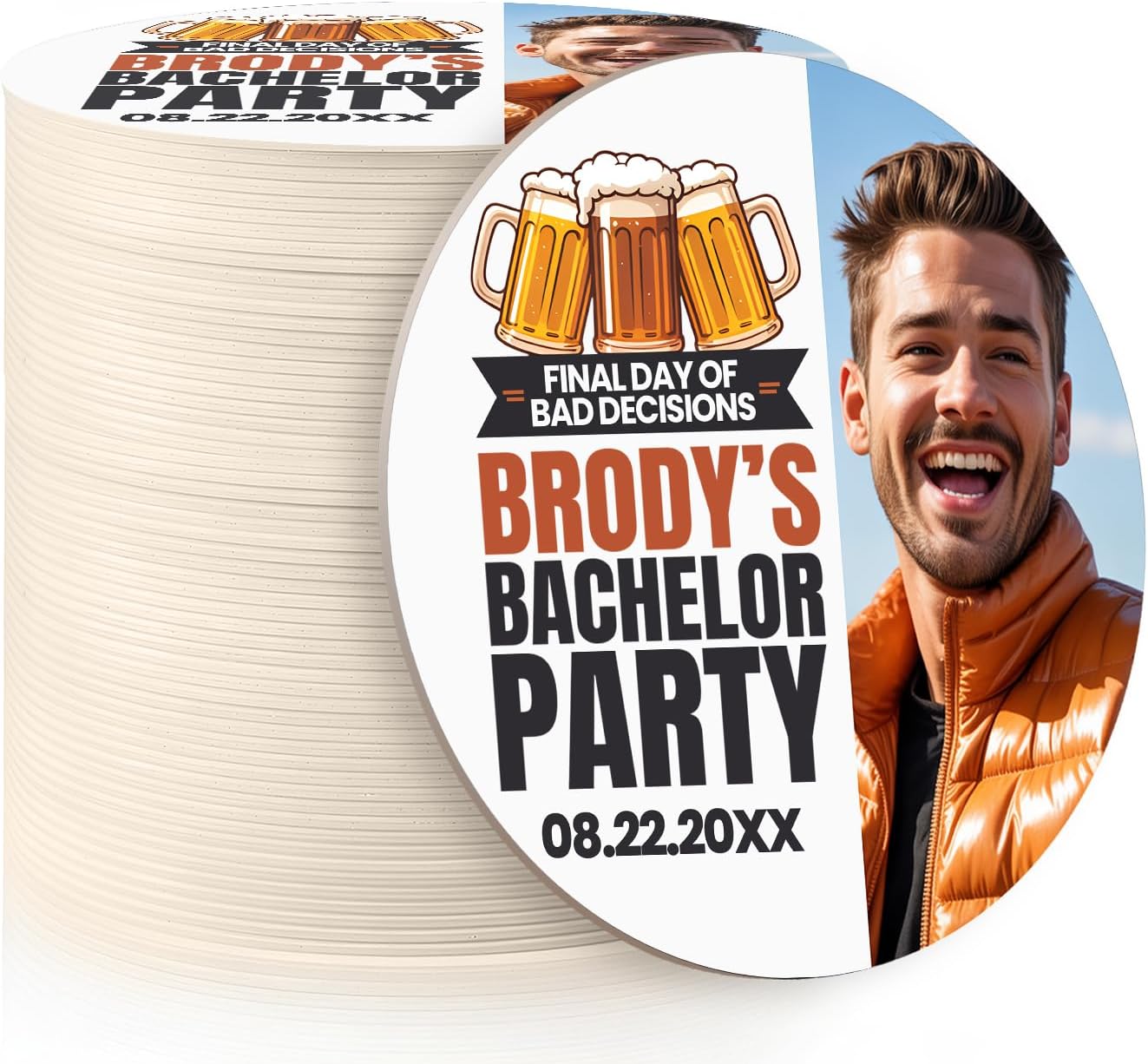 60 Pack Personalized Bachelor Party Coasters, Custom Cardboard Drink Coasters with Photo Print and Text, Fun Bachelor Party Favors and Gifts, 3.95" Round, Design 2