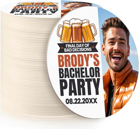 60 Pack Personalized Bachelor Party Coasters, Custom Cardboard Drink Coasters with Photo Print and Text, Fun Bachelor Party Favors and Gifts, 3.95" Round, Design 2