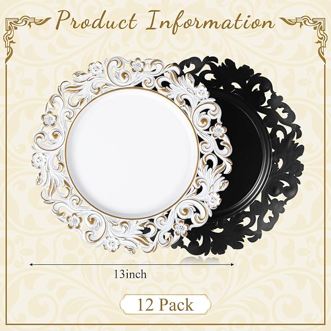 12 Pcs Antique White Charger Plates Bulk 13 Inch Embossed Rim Plastic Round Decorative Plates Charger for Dinner Wedding Party Event Table Setting Decoration (Hollowed out Flowers)