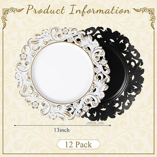 12 Pcs Antique White Charger Plates Bulk 13 Inch Embossed Rim Plastic Round Decorative Plates Charger for Dinner Wedding Party Event Table Setting Decoration (Hollowed out Flowers)