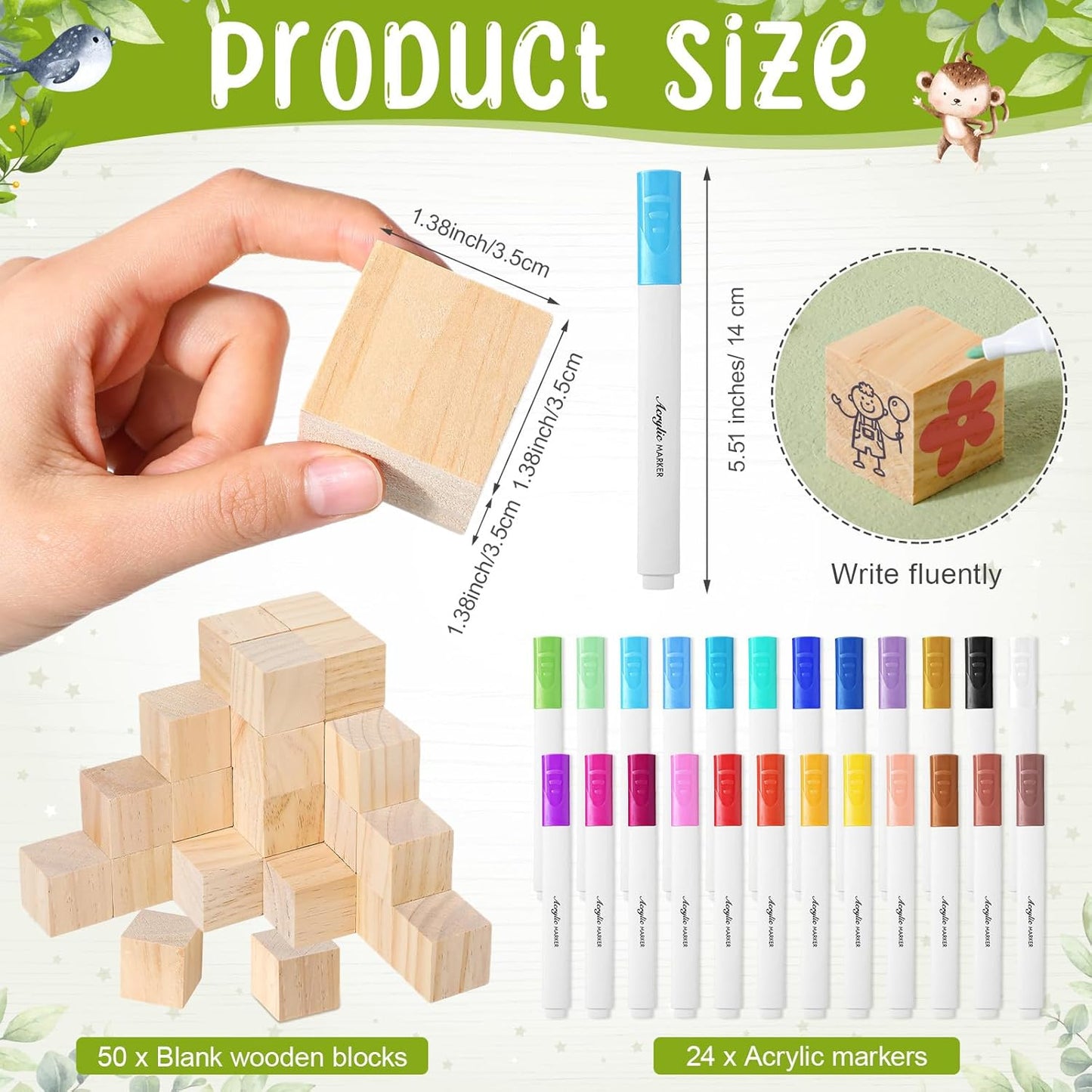 Tatuo 75 Pcs Baby Shower Games Sign Kit Including Decorate a Block Game Sign 50 DIY Wooden Block 24 Acrylic Paint Marker Baby Shower Prize for Gender Reveal Party(Woodland)