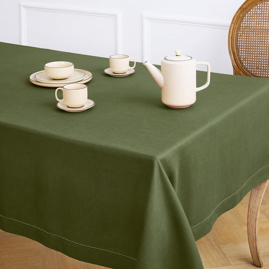 Solino Home Olive Linen Tablecloth 60 x 144 Inch - 100% Pure Linen Classic Hemstitch Table Cloth for Rectangle Tables - Machine Washable Tablecloth for Wedding, Parties, Fall, Autumn, Thanksgiving