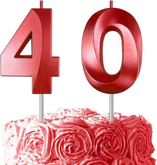 Red Number 40 Candles, 3D Diamond 2.76 Inch Cake Topper Birthday Candles for Wedding Anniversary Cake Decorations, Happy Birthday Party Decorations