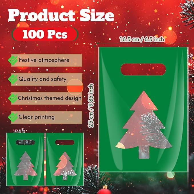 Supervitae 100 Pcs Christmas Tree Plastic Gift Bags with Transparent Window & Handles Christmas Party Favor Bags Bulk for Xmas Snacks Goodie Candy Treat Party Supplies