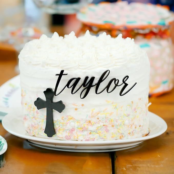 Baptism Cake Name Plate | Personalized Easter Cross Cake Toppers Confirmation Name Cake Topper First Communion Decorations Custom Cake Topper with Cross