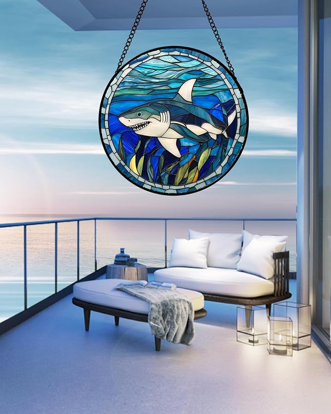 Stained Glass Suncatcher, Blue Ocean Big Shark Sun Catcher Waterweed Stain Glass Window Hanging Decoration Mother's Day Birthday Gifts for Women Men Mom Nana 6.3 in