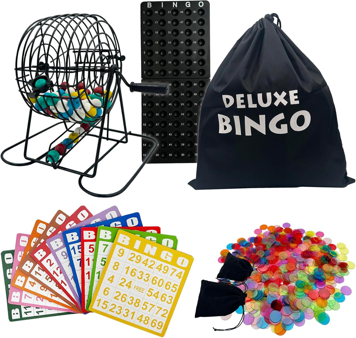 Deluxe Bingo Game Set-Includes Metal Cage with Big Bag,1000 Mixed Color Plastic Chips,100 Large Cards,75 Bingo Balls,Plastic Masterboard, 2 Velvet Bag,Ideal for Large Group and Parties