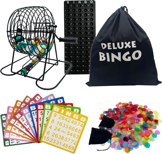 Deluxe Bingo Game Set-Includes Metal Cage with Big Bag,1000 Mixed Color Plastic Chips,100 Large Cards,75 Bingo Balls,Plastic Masterboard, 2 Velvet Bag,Ideal for Large Group and Parties