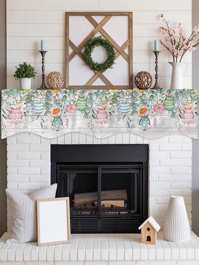 Easter Fireplace Mantel Scarf Table Runner, Spring Eggs Eucalyptus Leaves Wooden Grain Winter Garland Mantel Top Tablerunners Dresser Scarves Cover Decorations for Windows Party Living Room 70''x17''