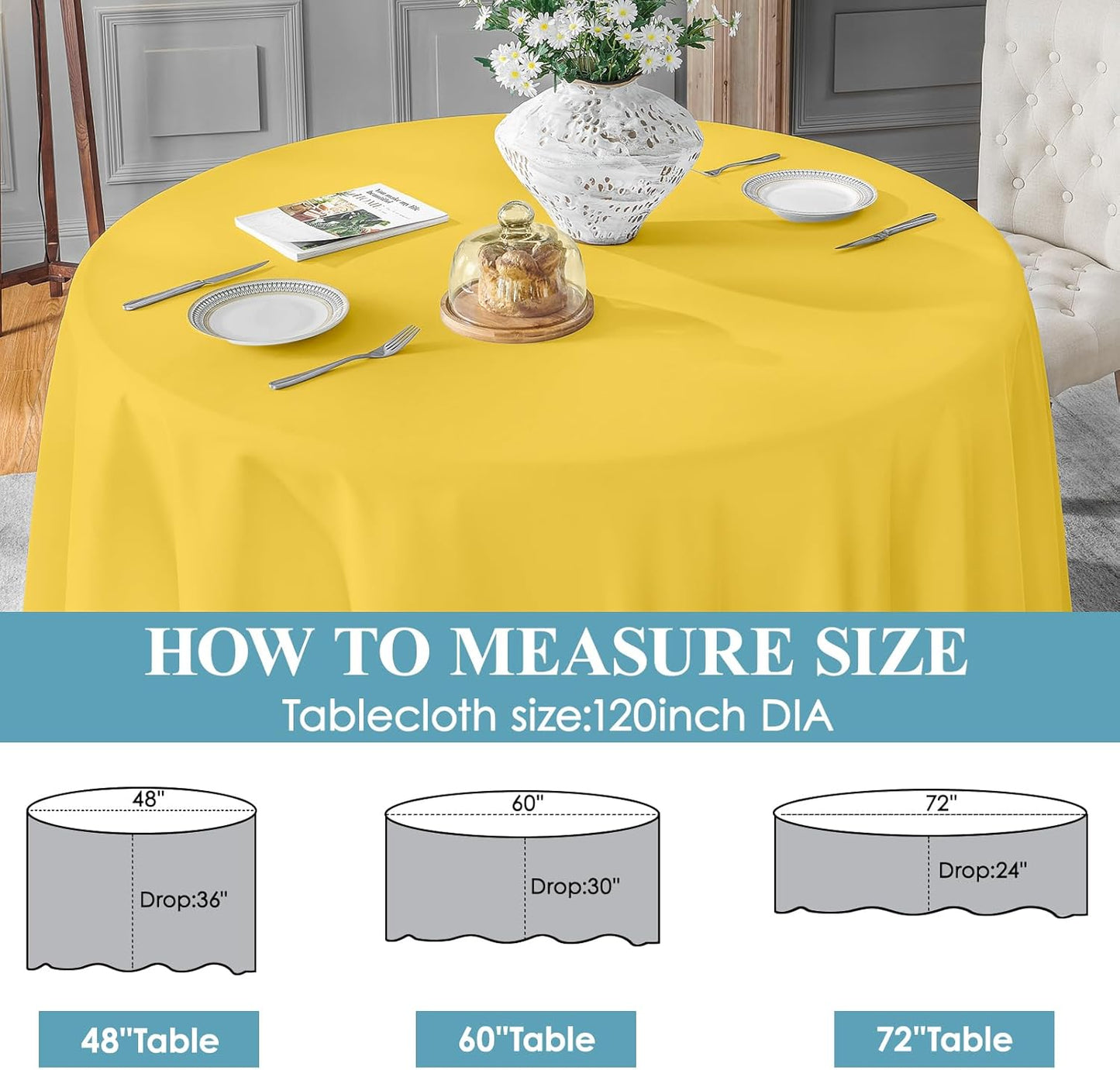 VidaFete Tablecloth 2 Pack 120inch Round Table Cloth Polyester, Stain Wrinkle Resistant Polyester Dining Table Cover for Kitchen Dinning Party Wedding Round Tabletop Buffet Decoration(Yellow)