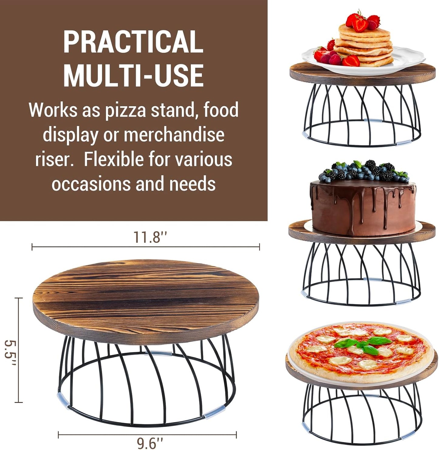 MyGift 12 Inch Round Rustic Burnt Solid Wood and Black Metal Wire Food Serving Stand, Table Display Riser for Pizza Cake Cupcake Pie Dessert Wedding Party Urban Decor