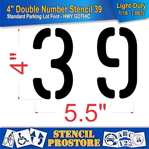 Pavement, Curb, and WheelStop Stencils - 4 inch Double Number Stencil - (39) - 4" x 5.5" x 1/16" (63 mil) - Light-Duty