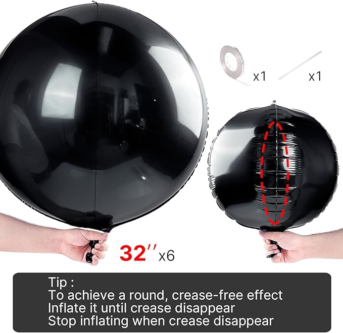 PartyWoo Black Foil Balloons 6pcs 32 Inch Large Round Foil Big Giant 4D Jumbo Inflatable Mirror Ball Mylar Balloons for Halloween Graduation Birthday Retirement Anniversary Party Decorations