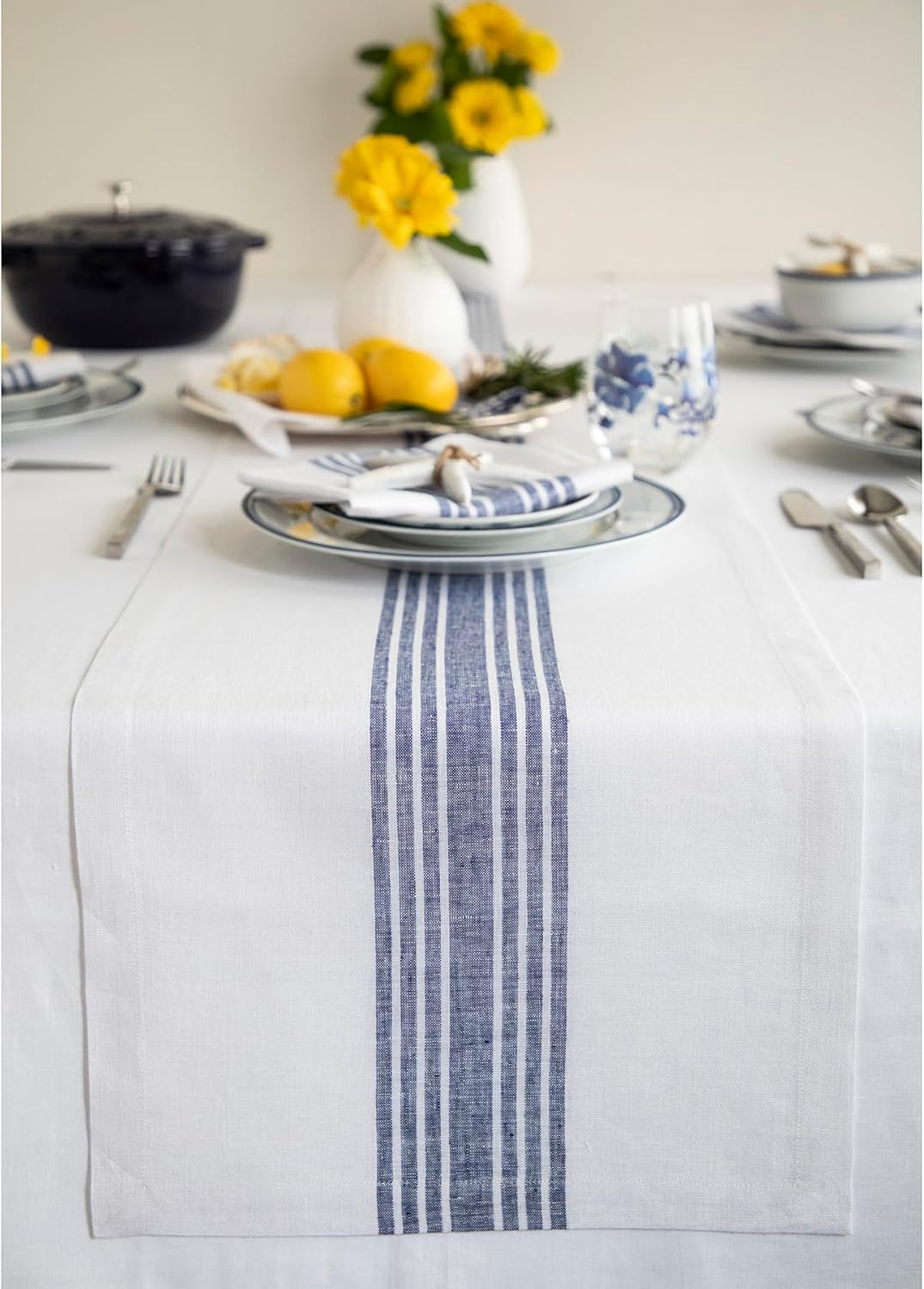 Solino Home Linen Table Runner 90 Inches Long - 100% Pure Linen Navy and White Farmhouse Table Runner 14 x 90 Inch for Dining, Fall, Autumn, Thanksgiving, Holiday