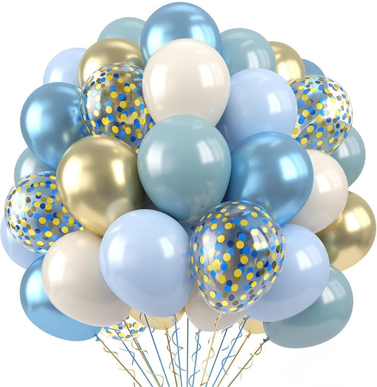 Paready Blue Balloons Set, 60Pcs Blue and Gold Balloon, 12 Inch Confetti Baby Blue Gold Metallic Balloon Champagne Gold Sand White Balloons for Boys Birthday Boho Wedding Graduation Supply