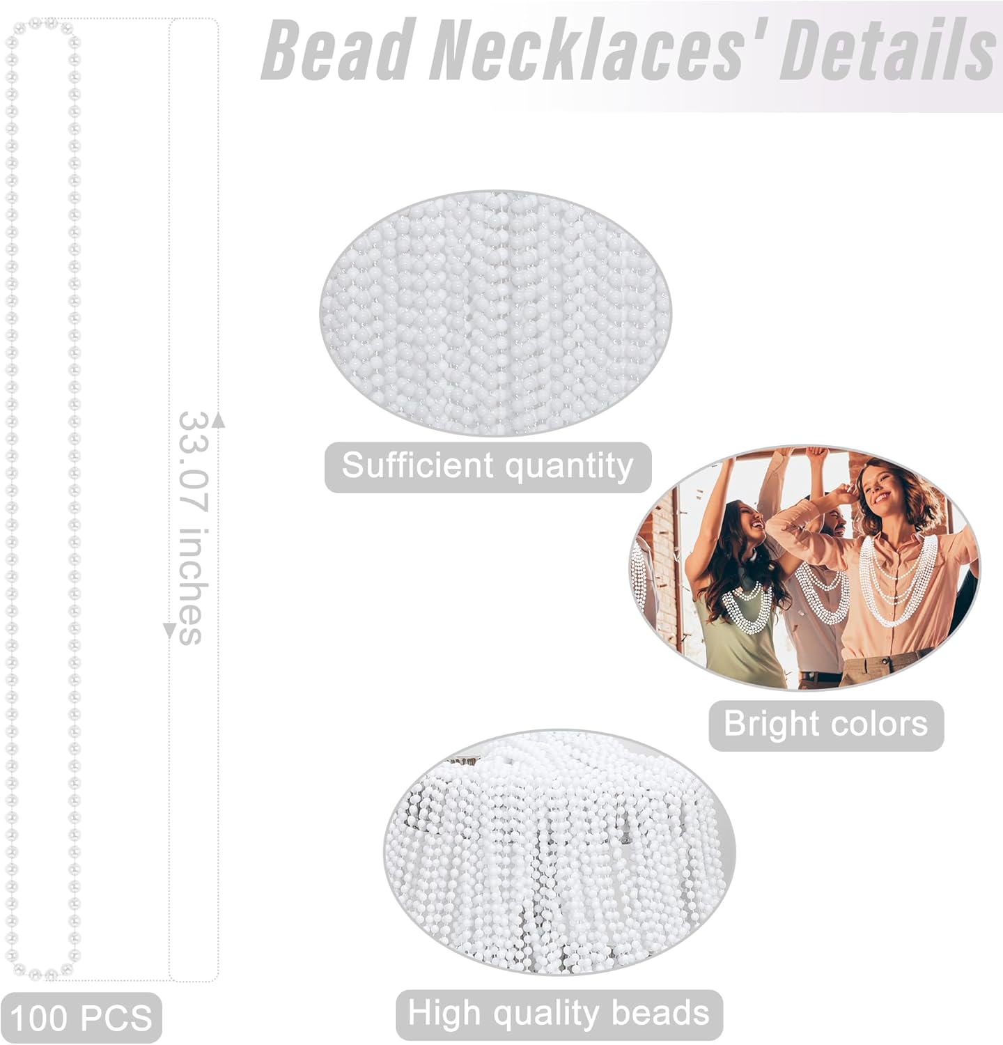 Beaded Necklace, 100PCS White Mardi Gras Beads Stuff Party Favors, 33" Holiday Toy Costume Bulk, Festival Parade Throw Accessories for Wedding Birthday Celebrations Decoration