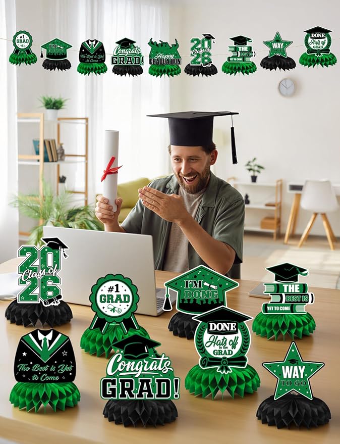 Graduation Table Decorations 2026,Green Graduation Centerpieces for Tables, 9Pcs Honeycomb Centerpieces, 3D Congrats Grad Table Toppers for Grad Party Decorations, Class of 2026 Decor