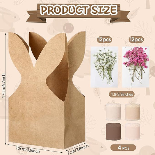 Affrolling 24 Set Boho Bow Easter Bunny Party Favor Bags DIY Bunny Gift Boxes with Neutral Bow Ribbon and Dried Flowers Rustic Paper Rabbit Ears Treat Bags Bulk for Easter Spring (Brown)