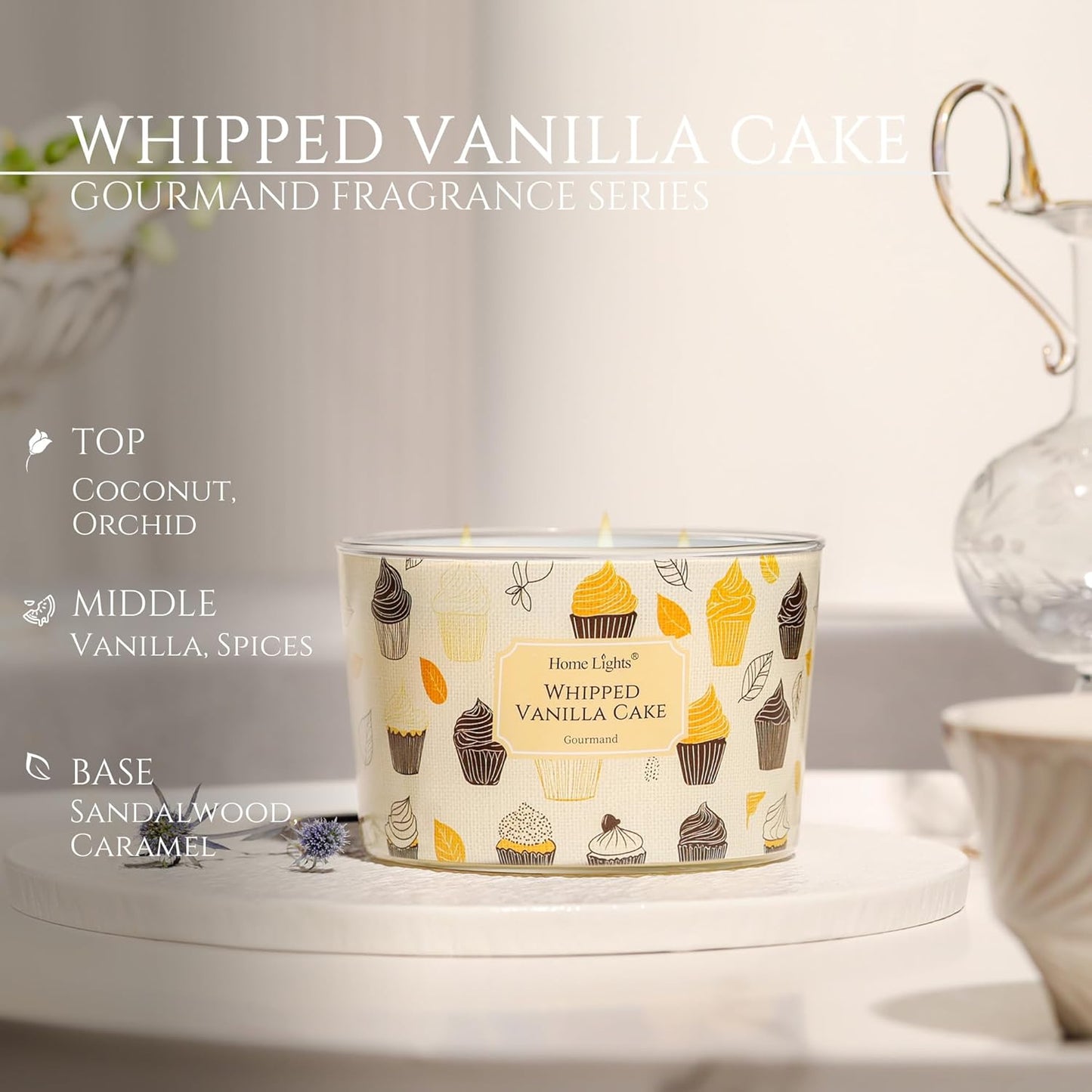 HomeLights Scented Candles for Women & Men, 18oz Candle Jars Aromatherapy 4-Wick Candle, Ideal for Rustic Modern Home Decor and Gifts, Whipped Vanilla Cake