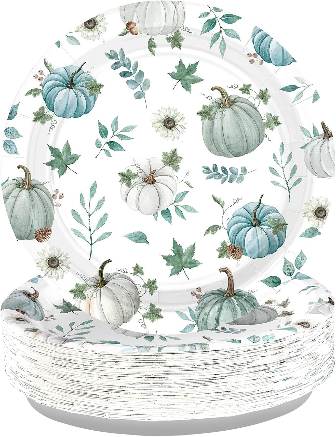 Grencian 50Pcs Fall Blue Pumpkin Plates 9” Heavy Duty Thanksgiving Disposable Paper Plates Blue and White Pumpkin Desert Platters for Thanksgiving Harvest Fall Party Decorations