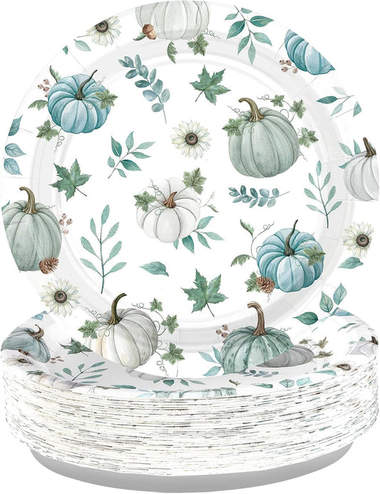 Grencian 50Pcs Fall Blue Pumpkin Plates 9” Heavy Duty Thanksgiving Disposable Paper Plates Blue and White Pumpkin Desert Platters for Thanksgiving Harvest Fall Party Decorations