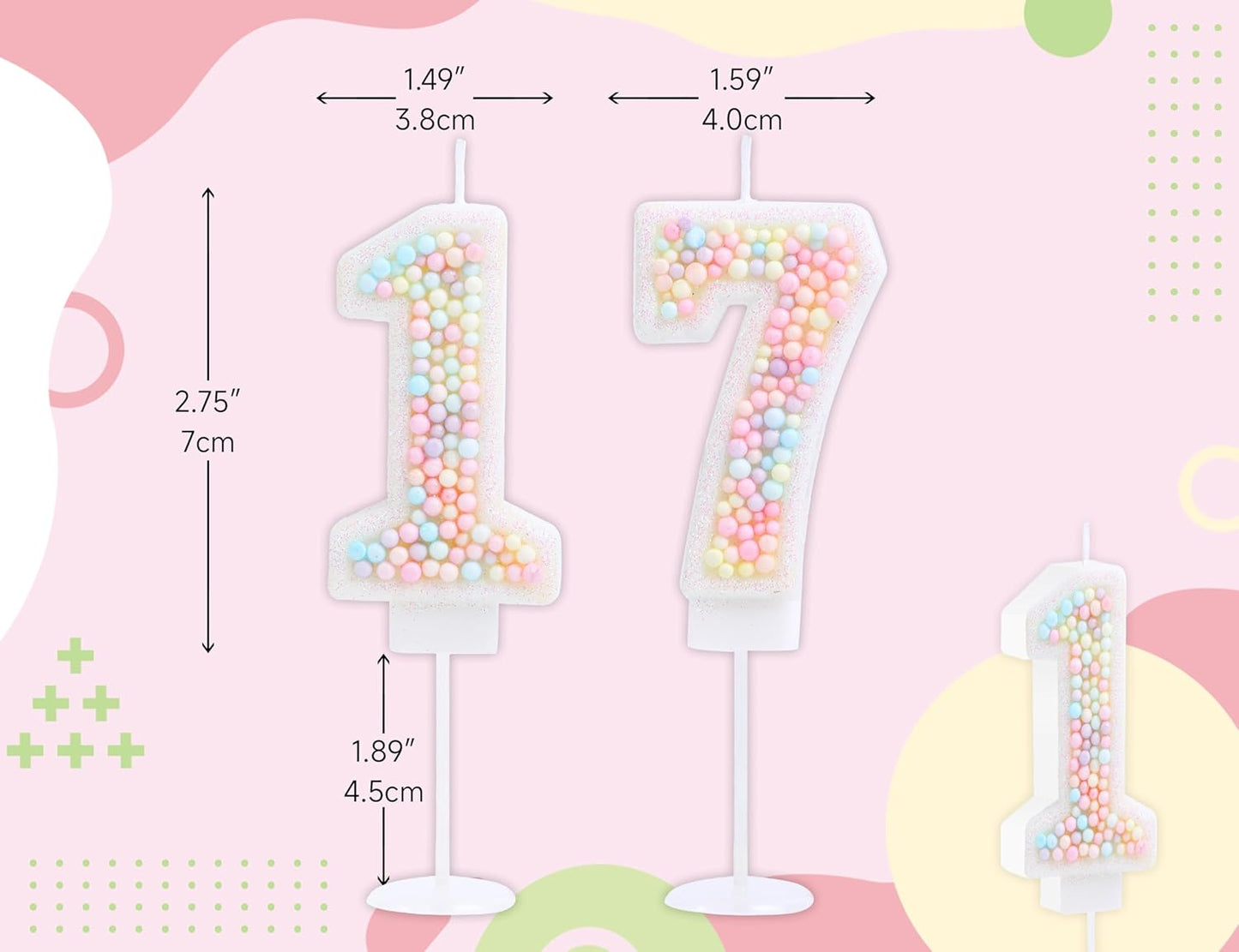 17th Birthday Candle Macaron Glitter 3D Pastel Number 17 Candles for Birthday Cakes Girl Women Sweet Theme Birthday Wedding Anniversary Party Cake Decoration