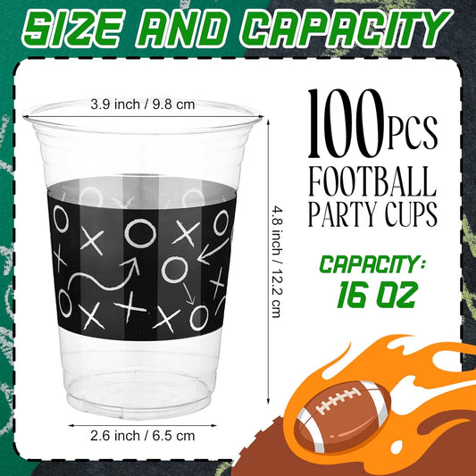 100 Pcs 16 oz Football Plastic Cups, Football Themed Party Supplies, Disposable Clear Football Party Beverage Ice Cream Coffee Cups for Football Sport Theme Birthday Party Favors Toy