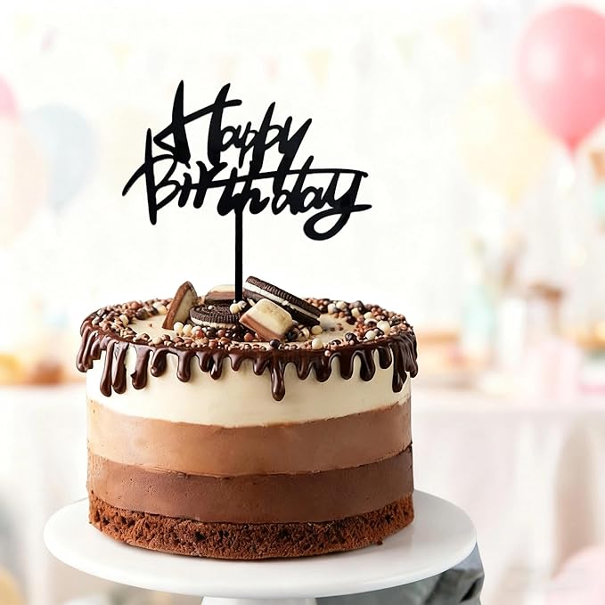 Acrylic Happy Birthday Cake Topper Black Graffiti Style Cake Decorations for Men Women Personalized Birthday Topper Modern Script Party Supplies