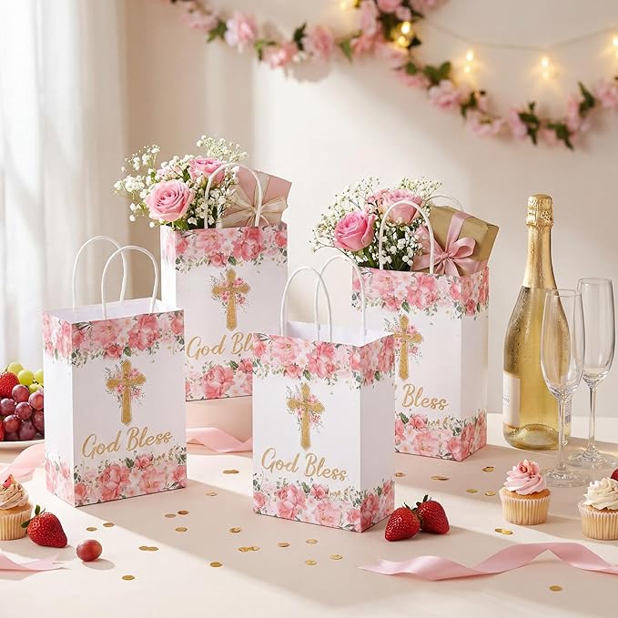 Marspark 24 Pcs Baptism Gift Bags for Guests Cross Floral Paper Gift Bags with Handles God Bless Religious Treat Paper Christian Party Supplies for First Communions Christenings Baptism Easter Wedding