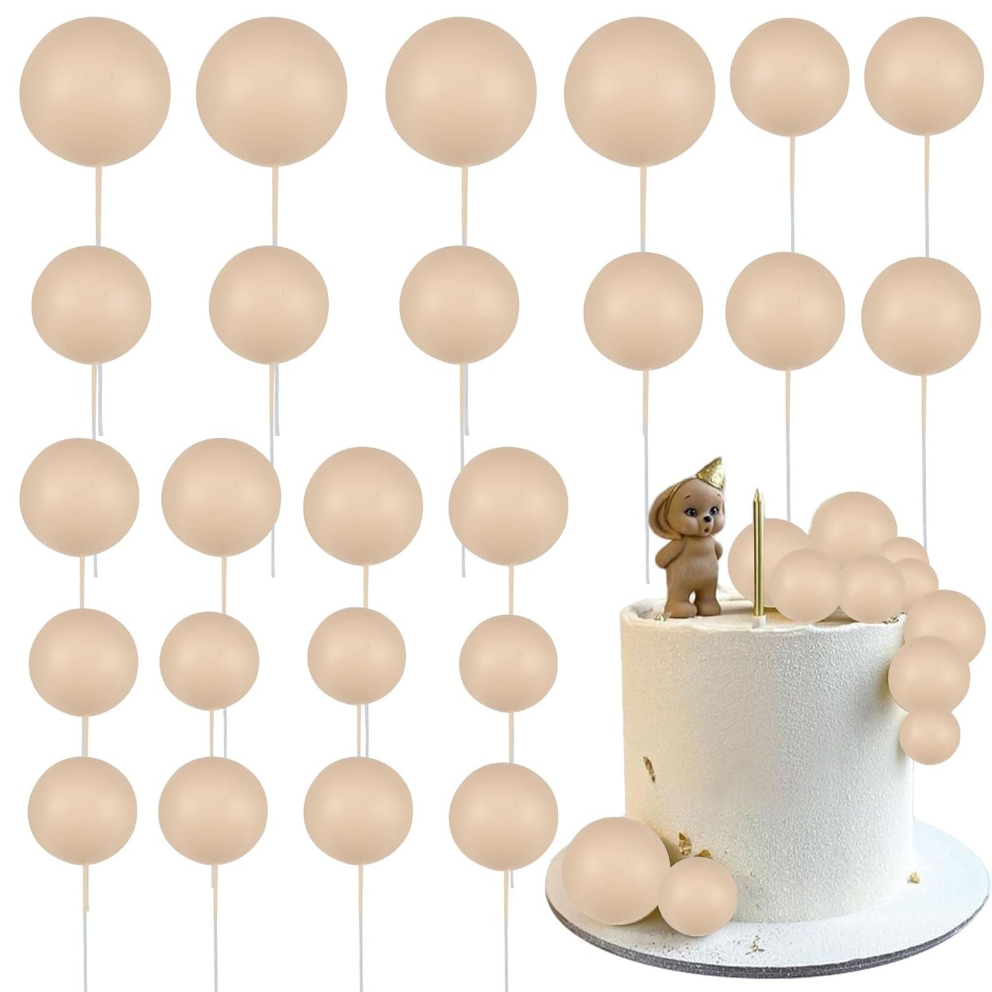 Gyufise 30Pcs Ball Cupcake Toppers Balls Cake Toppes Foam Balls Picks DIY Mini Balloon Cake Topper for Baby Shower Birthday Favor Wedding Anniversary Party Cake Decorations Supplies Khaki
