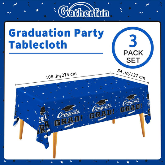 Graduation Decorations 2025, Gongrats Grad Tablecover for Graduation Party Supplies, 3 pcs Class Blue Table Cloths, 54"x108"