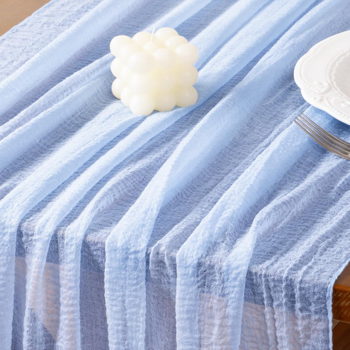 Socomi 3pcs Blue Fall Thanksgiving Gauze Cheesecloth Table Runner 120 Inch Rustic Boho Cheese Cloth Runner for Wedding Party Baby Bridal Shower Centerpiece Decoration Holiday Home Decorations