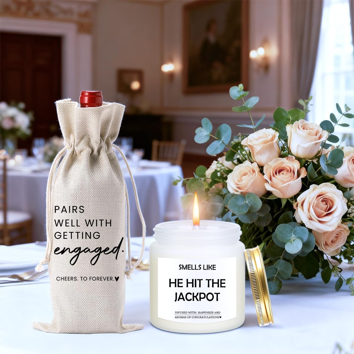 Engagement Gifts for Couples Her Engagement Party Decorations Gift for Couple Wine Bag Scented Candles Set Pairs Well with Getting Engaged Gifts Smell Like He Hit The Jackpot Wine Bottle Bag