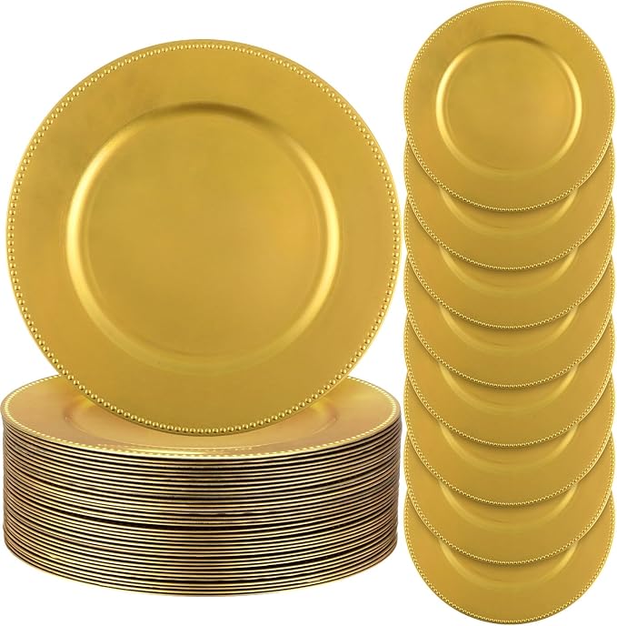Jinei 36 Pack Gold Charger Plates 13 Inch Plastic Beaded Round Charger Plates Wedding Table Decoration Reusable Dinner Plate Tray for Birthday Party Holiday Event