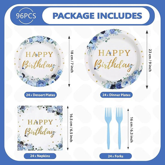Grencian 96 Pcs Blue Flower Birthday Party Supplies Blue Floral Plates and Napkins Floral Themed Tableware Sets for Women Girls Birthday Party Decorations Serves 24