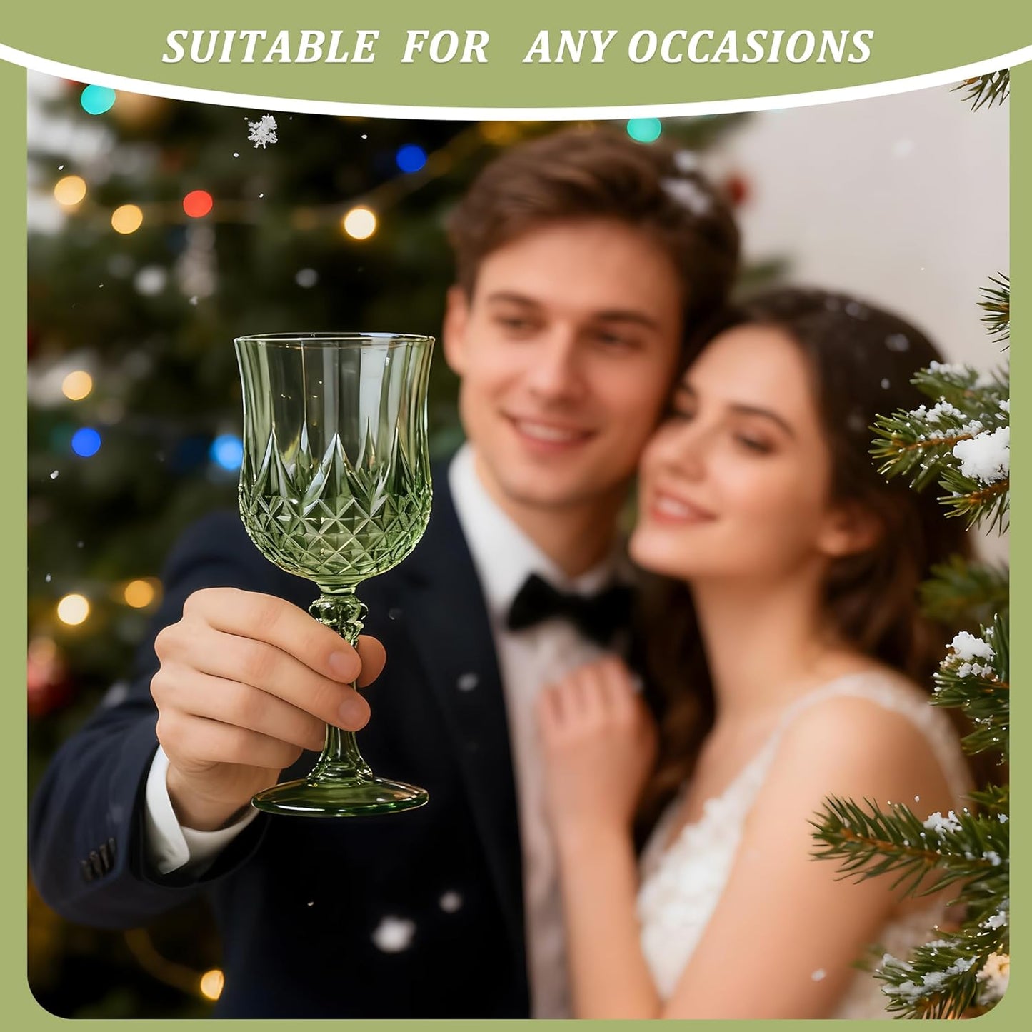 12PCS 7OZ Green Wine Plastic Glasses, Drinking Champagne Glasses Flutes Crystal Vintage Water Unbreakable Goblets for Christmas Wedding, Parties