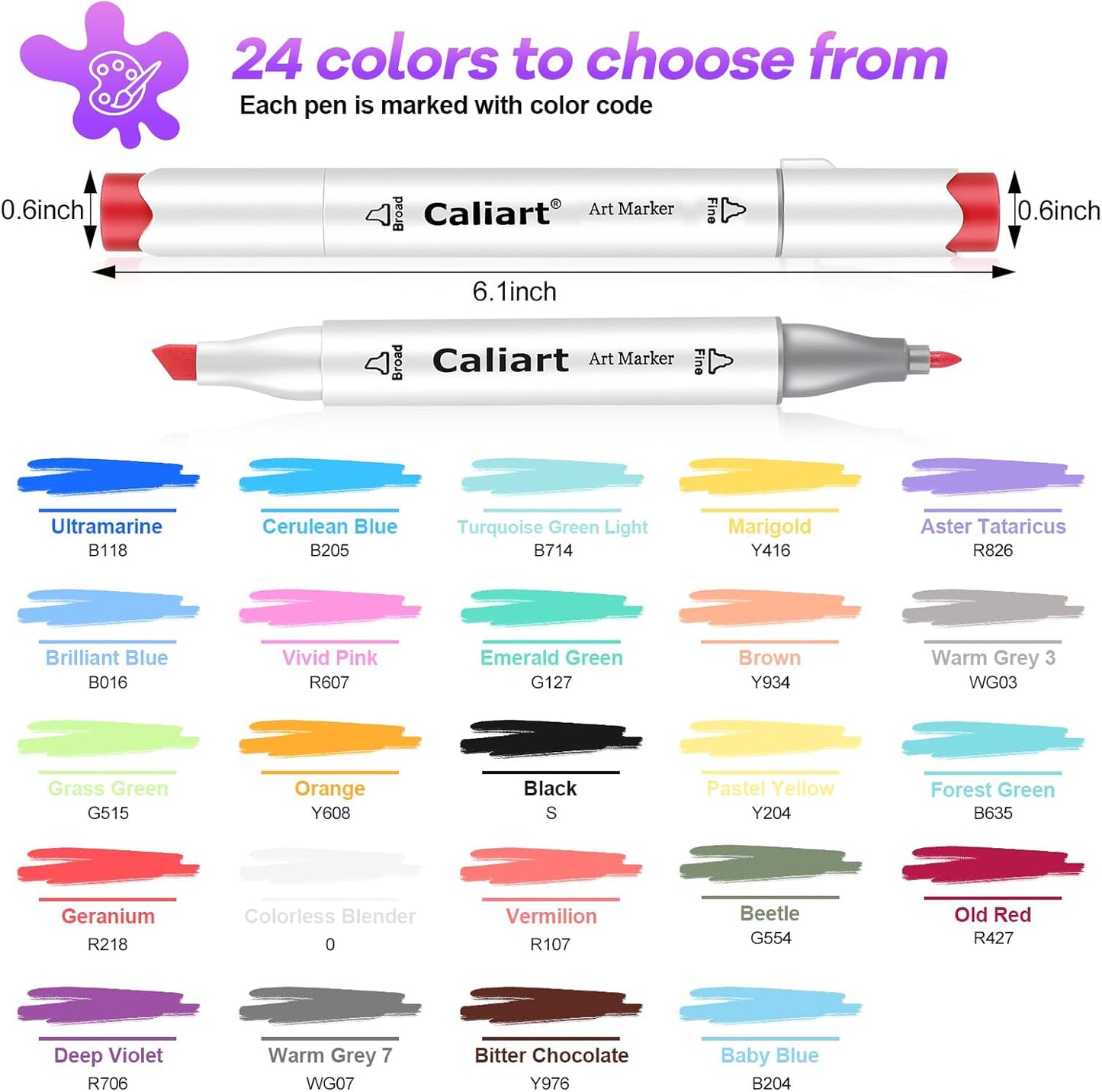Caliart Alcohol Based Markers, 24 Colors Art Marker Set Fine & Chisel Dual Tip, Permanent Colored Pens for Adults Coloring Book Artists Illustration Sketch Lettering Drawing Cards Planner