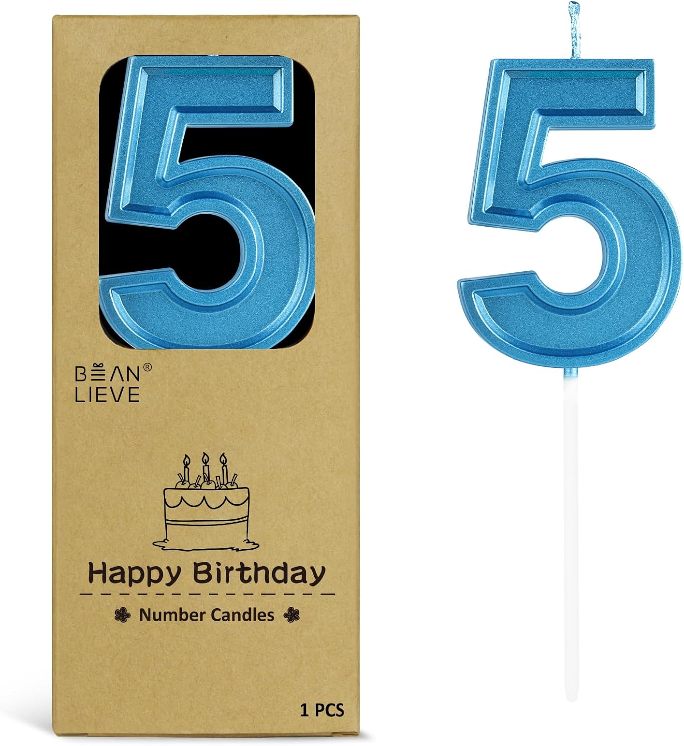 BEAN LIEVE Blue Birthday Candles Number 5, Blue Number Candles, Cake Number Candles for Birthday Parties and Wedding Anniversary Celebrations