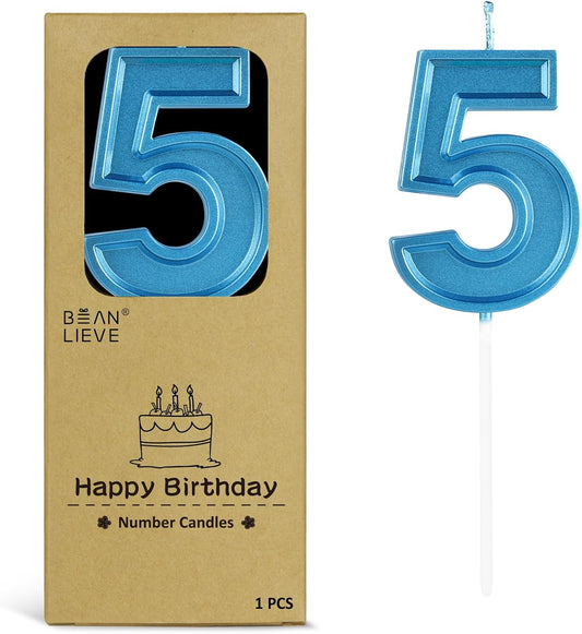 BEAN LIEVE Blue Birthday Candles Number 5, Blue Number Candles, Cake Number Candles for Birthday Parties and Wedding Anniversary Celebrations