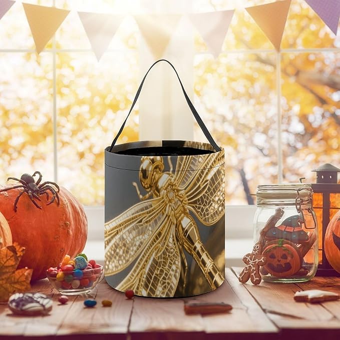 Halloween Candy Bucket - Gold Exquisite Dragonfly Trick Or Treat Candy Bag, Gift Bag for Party Favor Supplies