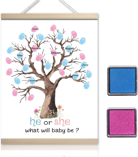 Baby Gender Reveal Decorations, Gender Reveal Fingerprint Leaves Tree, He or She Keepsake, Thumbprint Hanging Paintings(12x15in)