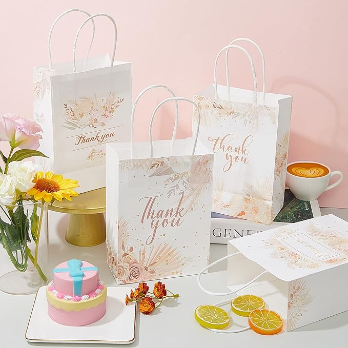 16 Pieces Thank You Gift Bags Floral Design 6 x 3 x 8 inches Flower Small Paper Bags with Handles Boho Favor Bags for Business Shopping Boutique Clothing Birthday Wedding Graduation Favors